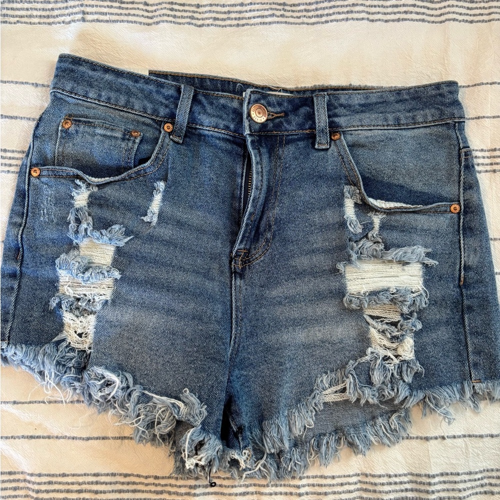 Almost Famous Distressed Frayed Hem Denim Shorts - Blue